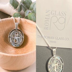 New sterling silver Roman Glass from the Holy Land Cross pendant 18” box chain.